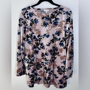Pure Jill Velour Tunic Top Pink Blue Floral Pockets Soft Feminine Boho Size M